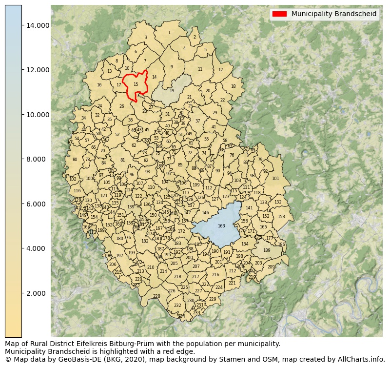 Map of Rural district Eifelkreis Bitburg-Prüm with the population per municipality.Municipality Brandscheid is highlighted with a red edge.. This page shows a lot of information about residents (such as the distribution by age groups, family composition, gender, native or German with an immigration background, ...), homes (numbers, types, price development, use, type of property, ...) and more (car ownership, energy consumption, ...) based on open data from the German Federal Agency for Cartography, the Federal Statistical Office (DESTATIS), the Regional Statistical Offices and various other sources!