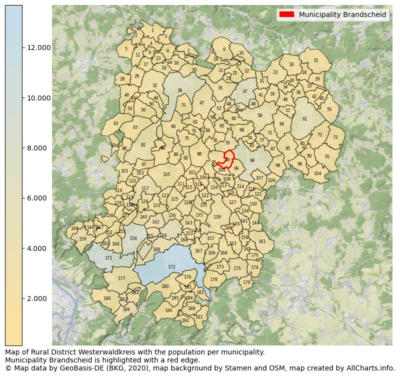 Map of Rural district Westerwaldkreis with the population per municipality.Municipality Brandscheid is highlighted with a red edge.. This page shows a lot of information about residents (such as the distribution by age groups, family composition, gender, native or German with an immigration background, ...), homes (numbers, types, price development, use, type of property, ...) and more (car ownership, energy consumption, ...) based on open data from the German Federal Agency for Cartography, the Federal Statistical Office (DESTATIS), the Regional Statistical Offices and various other sources!