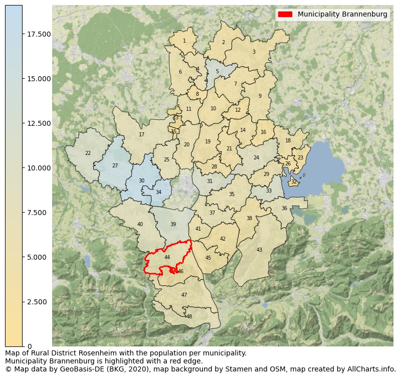 Map of Rural district Rosenheim with the population per municipality.Municipality Brannenburg is highlighted with a red edge.. This page shows a lot of information about residents (such as the distribution by age groups, family composition, gender, native or German with an immigration background, ...), homes (numbers, types, price development, use, type of property, ...) and more (car ownership, energy consumption, ...) based on open data from the German Federal Agency for Cartography, the Federal Statistical Office (DESTATIS), the Regional Statistical Offices and various other sources!