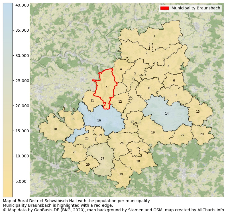 Map of Rural district Schwäbisch Hall with the population per municipality.Municipality Braunsbach is highlighted with a red edge.. This page shows a lot of information about residents (such as the distribution by age groups, family composition, gender, native or German with an immigration background, ...), homes (numbers, types, price development, use, type of property, ...) and more (car ownership, energy consumption, ...) based on open data from the German Federal Agency for Cartography, the Federal Statistical Office (DESTATIS), the Regional Statistical Offices and various other sources!