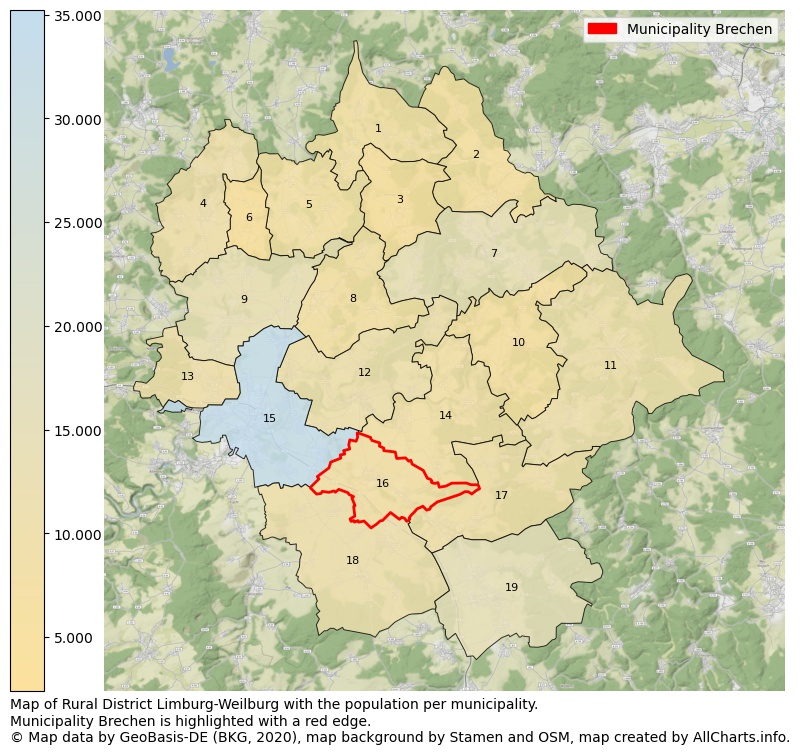 Map of Rural district Limburg-Weilburg with the population per municipality.Municipality Brechen is highlighted with a red edge.. This page shows a lot of information about residents (such as the distribution by age groups, family composition, gender, native or German with an immigration background, ...), homes (numbers, types, price development, use, type of property, ...) and more (car ownership, energy consumption, ...) based on open data from the German Federal Agency for Cartography, the Federal Statistical Office (DESTATIS), the Regional Statistical Offices and various other sources!