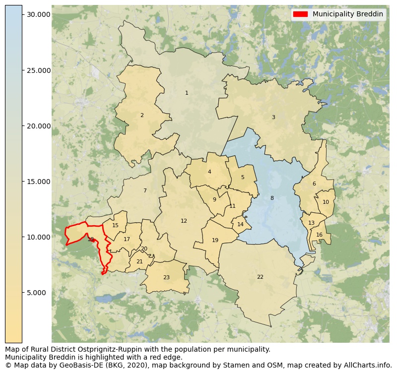 Map of Rural district Ostprignitz-Ruppin with the population per municipality.Municipality Breddin is highlighted with a red edge.. This page shows a lot of information about residents (such as the distribution by age groups, family composition, gender, native or German with an immigration background, ...), homes (numbers, types, price development, use, type of property, ...) and more (car ownership, energy consumption, ...) based on open data from the German Federal Agency for Cartography, the Federal Statistical Office (DESTATIS), the Regional Statistical Offices and various other sources!