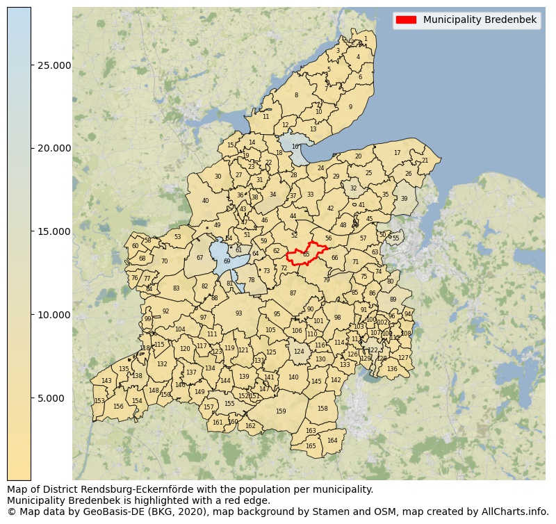 Map of District Rendsburg-Eckernförde with the population per municipality.Municipality Bredenbek is highlighted with a red edge.. This page shows a lot of information about residents (such as the distribution by age groups, family composition, gender, native or German with an immigration background, ...), homes (numbers, types, price development, use, type of property, ...) and more (car ownership, energy consumption, ...) based on open data from the German Federal Agency for Cartography, the Federal Statistical Office (DESTATIS), the Regional Statistical Offices and various other sources!