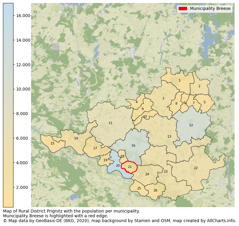 Map of Rural district Prignitz with the population per municipality.Municipality Breese is highlighted with a red edge.. This page shows a lot of information about residents (such as the distribution by age groups, family composition, gender, native or German with an immigration background, ...), homes (numbers, types, price development, use, type of property, ...) and more (car ownership, energy consumption, ...) based on open data from the German Federal Agency for Cartography, the Federal Statistical Office (DESTATIS), the Regional Statistical Offices and various other sources!
