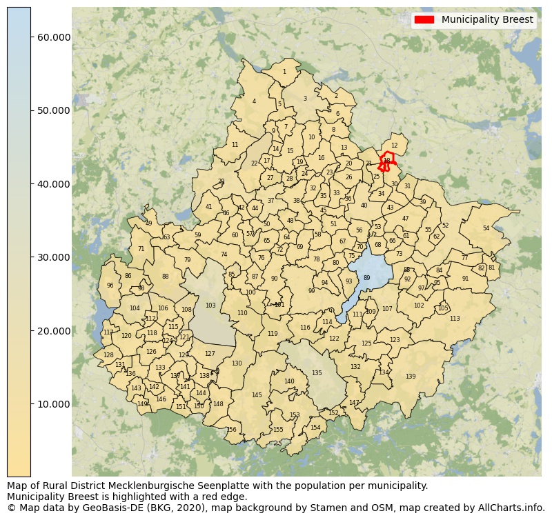 Map of Rural district Mecklenburgische Seenplatte with the population per municipality.Municipality Breest is highlighted with a red edge.. This page shows a lot of information about residents (such as the distribution by age groups, family composition, gender, native or German with an immigration background, ...), homes (numbers, types, price development, use, type of property, ...) and more (car ownership, energy consumption, ...) based on open data from the German Federal Agency for Cartography, the Federal Statistical Office (DESTATIS), the Regional Statistical Offices and various other sources!