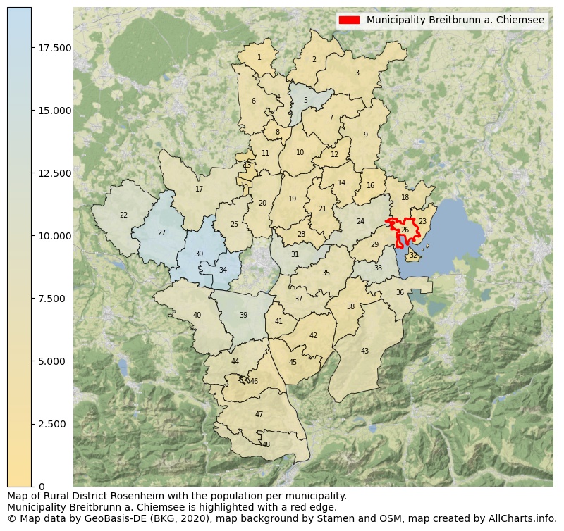 Map of Rural district Rosenheim with the population per municipality.Municipality Breitbrunn a. Chiemsee is highlighted with a red edge.. This page shows a lot of information about residents (such as the distribution by age groups, family composition, gender, native or German with an immigration background, ...), homes (numbers, types, price development, use, type of property, ...) and more (car ownership, energy consumption, ...) based on open data from the German Federal Agency for Cartography, the Federal Statistical Office (DESTATIS), the Regional Statistical Offices and various other sources!