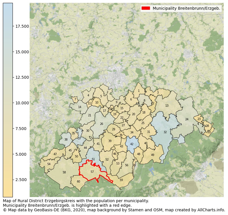 Map of Rural district Erzgebirgskreis with the population per municipality.Municipality Breitenbrunn/Erzgeb. is highlighted with a red edge.. This page shows a lot of information about residents (such as the distribution by age groups, family composition, gender, native or German with an immigration background, ...), homes (numbers, types, price development, use, type of property, ...) and more (car ownership, energy consumption, ...) based on open data from the German Federal Agency for Cartography, the Federal Statistical Office (DESTATIS), the Regional Statistical Offices and various other sources!