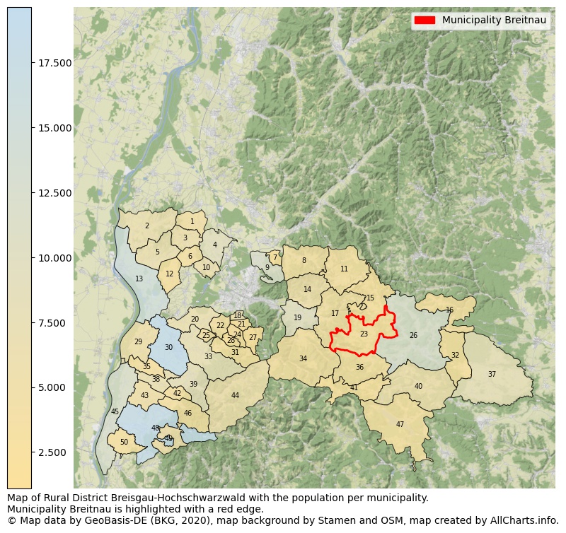 Map of Rural district Breisgau-Hochschwarzwald with the population per municipality.Municipality Breitnau is highlighted with a red edge.. This page shows a lot of information about residents (such as the distribution by age groups, family composition, gender, native or German with an immigration background, ...), homes (numbers, types, price development, use, type of property, ...) and more (car ownership, energy consumption, ...) based on open data from the German Federal Agency for Cartography, the Federal Statistical Office (DESTATIS), the Regional Statistical Offices and various other sources!