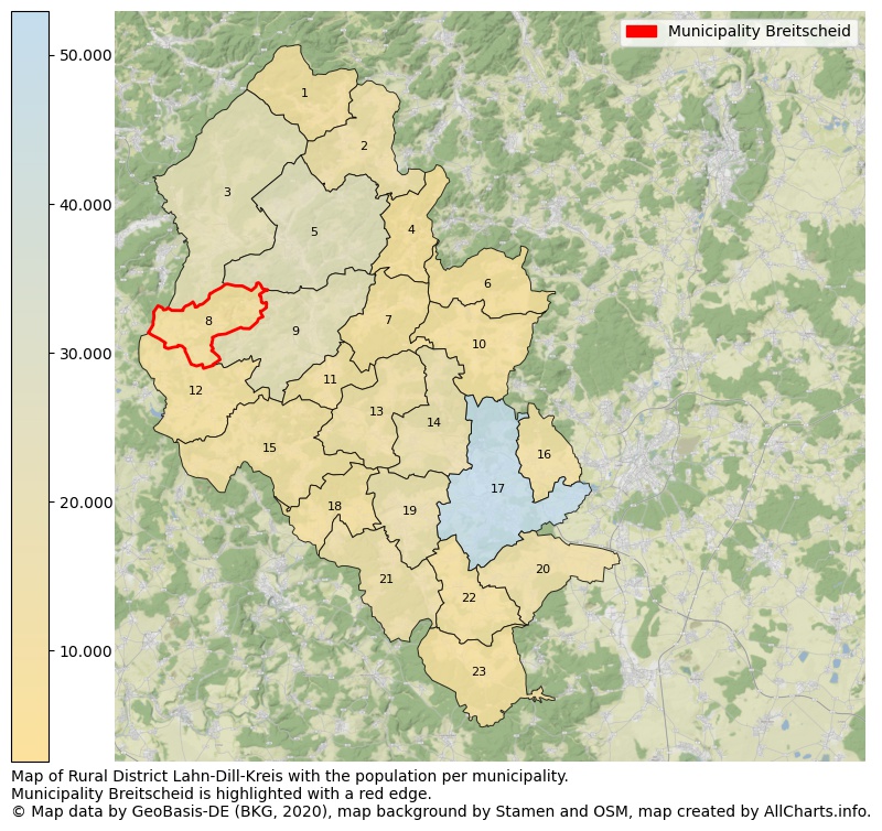 Map of Rural district Lahn-Dill-Kreis with the population per municipality.Municipality Breitscheid is highlighted with a red edge.. This page shows a lot of information about residents (such as the distribution by age groups, family composition, gender, native or German with an immigration background, ...), homes (numbers, types, price development, use, type of property, ...) and more (car ownership, energy consumption, ...) based on open data from the German Federal Agency for Cartography, the Federal Statistical Office (DESTATIS), the Regional Statistical Offices and various other sources!