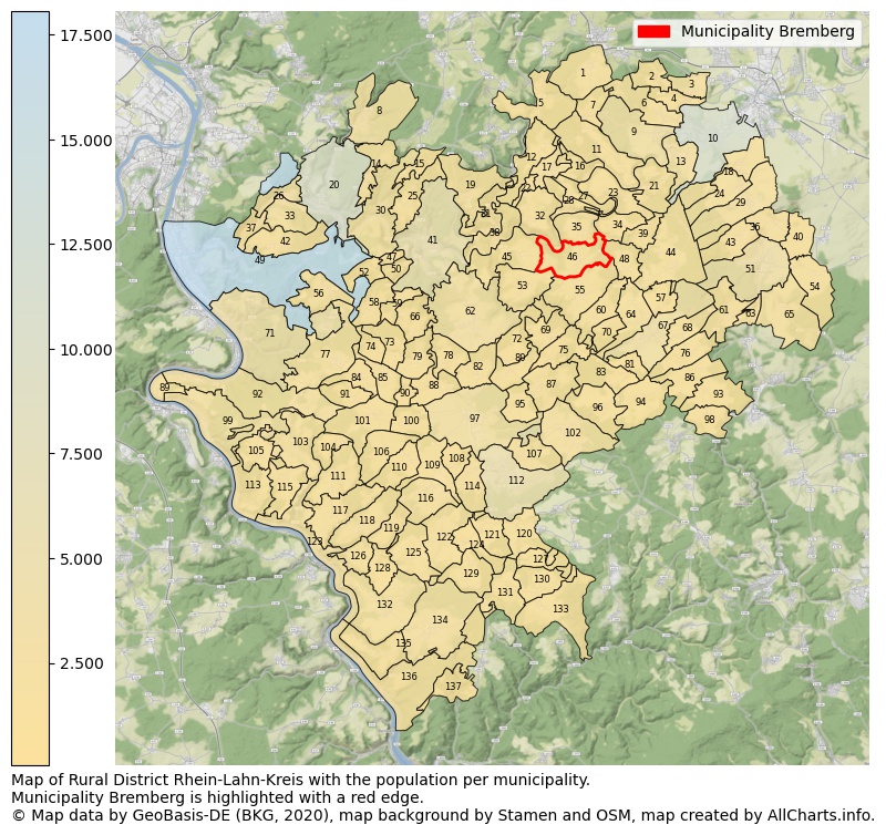 Map of Rural district Rhein-Lahn-Kreis with the population per municipality.Municipality Bremberg is highlighted with a red edge.. This page shows a lot of information about residents (such as the distribution by age groups, family composition, gender, native or German with an immigration background, ...), homes (numbers, types, price development, use, type of property, ...) and more (car ownership, energy consumption, ...) based on open data from the German Federal Agency for Cartography, the Federal Statistical Office (DESTATIS), the Regional Statistical Offices and various other sources!