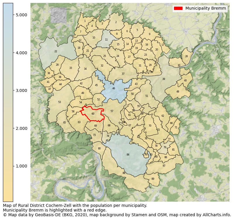 Map of Rural district Cochem-Zell with the population per municipality.Municipality Bremm is highlighted with a red edge.. This page shows a lot of information about residents (such as the distribution by age groups, family composition, gender, native or German with an immigration background, ...), homes (numbers, types, price development, use, type of property, ...) and more (car ownership, energy consumption, ...) based on open data from the German Federal Agency for Cartography, the Federal Statistical Office (DESTATIS), the Regional Statistical Offices and various other sources!