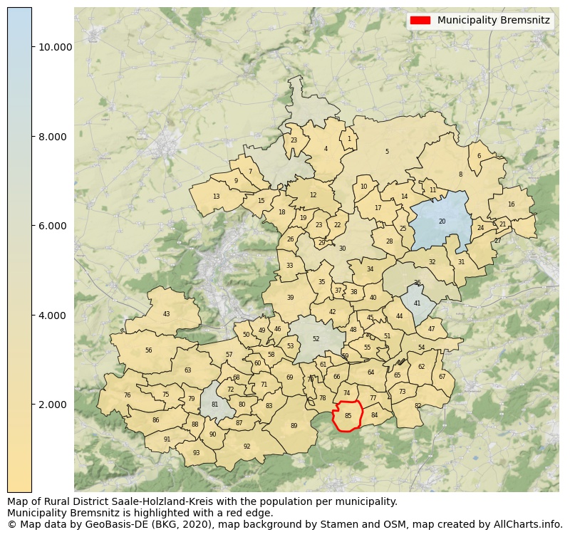 Map of Rural district Saale-Holzland-Kreis with the population per municipality.Municipality Bremsnitz is highlighted with a red edge.. This page shows a lot of information about residents (such as the distribution by age groups, family composition, gender, native or German with an immigration background, ...), homes (numbers, types, price development, use, type of property, ...) and more (car ownership, energy consumption, ...) based on open data from the German Federal Agency for Cartography, the Federal Statistical Office (DESTATIS), the Regional Statistical Offices and various other sources!