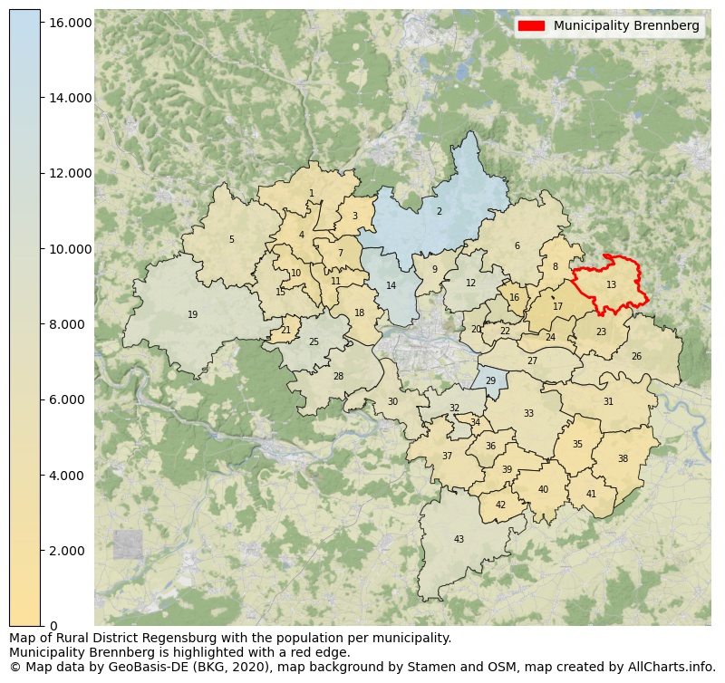 Map of Rural district Regensburg with the population per municipality.Municipality Brennberg is highlighted with a red edge.. This page shows a lot of information about residents (such as the distribution by age groups, family composition, gender, native or German with an immigration background, ...), homes (numbers, types, price development, use, type of property, ...) and more (car ownership, energy consumption, ...) based on open data from the German Federal Agency for Cartography, the Federal Statistical Office (DESTATIS), the Regional Statistical Offices and various other sources!