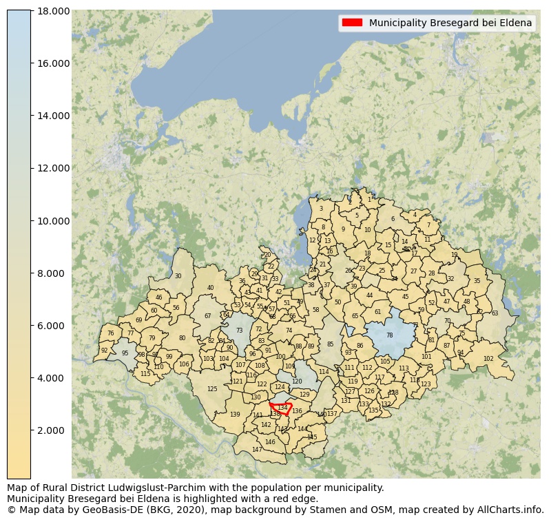 Map of Rural district Ludwigslust-Parchim with the population per municipality.Municipality Bresegard bei Eldena is highlighted with a red edge.. This page shows a lot of information about residents (such as the distribution by age groups, family composition, gender, native or German with an immigration background, ...), homes (numbers, types, price development, use, type of property, ...) and more (car ownership, energy consumption, ...) based on open data from the German Federal Agency for Cartography, the Federal Statistical Office (DESTATIS), the Regional Statistical Offices and various other sources!