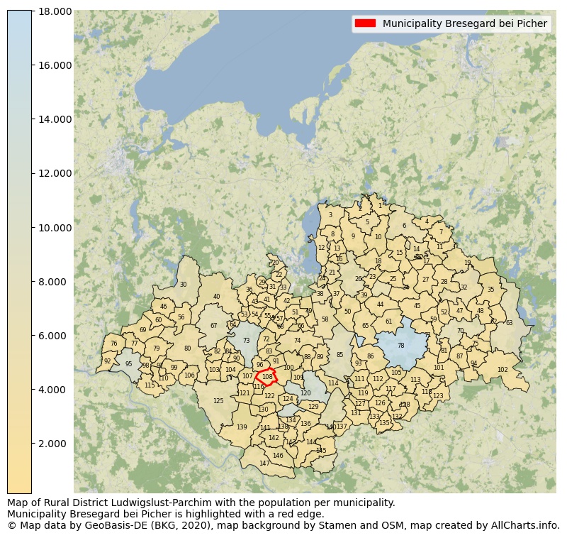 Map of Rural district Ludwigslust-Parchim with the population per municipality.Municipality Bresegard bei Picher is highlighted with a red edge.. This page shows a lot of information about residents (such as the distribution by age groups, family composition, gender, native or German with an immigration background, ...), homes (numbers, types, price development, use, type of property, ...) and more (car ownership, energy consumption, ...) based on open data from the German Federal Agency for Cartography, the Federal Statistical Office (DESTATIS), the Regional Statistical Offices and various other sources!
