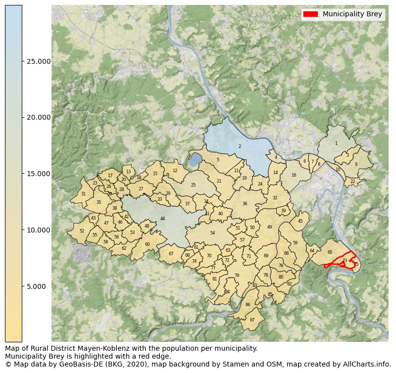 Map of Rural district Mayen-Koblenz with the population per municipality.Municipality Brey is highlighted with a red edge.. This page shows a lot of information about residents (such as the distribution by age groups, family composition, gender, native or German with an immigration background, ...), homes (numbers, types, price development, use, type of property, ...) and more (car ownership, energy consumption, ...) based on open data from the German Federal Agency for Cartography, the Federal Statistical Office (DESTATIS), the Regional Statistical Offices and various other sources!