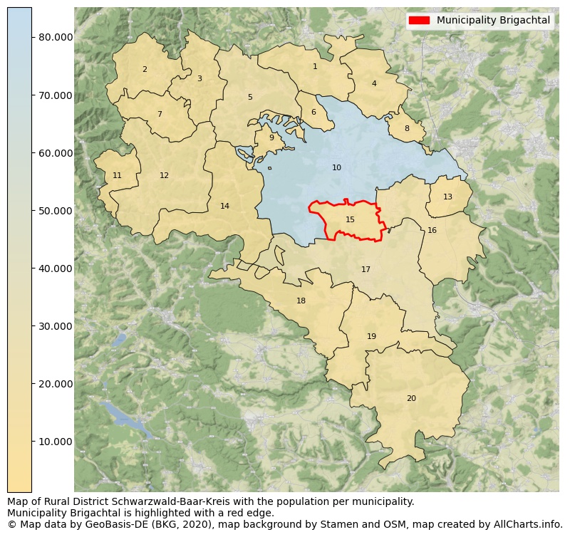 Map of Rural district Schwarzwald-Baar-Kreis with the population per municipality.Municipality Brigachtal is highlighted with a red edge.. This page shows a lot of information about residents (such as the distribution by age groups, family composition, gender, native or German with an immigration background, ...), homes (numbers, types, price development, use, type of property, ...) and more (car ownership, energy consumption, ...) based on open data from the German Federal Agency for Cartography, the Federal Statistical Office (DESTATIS), the Regional Statistical Offices and various other sources!