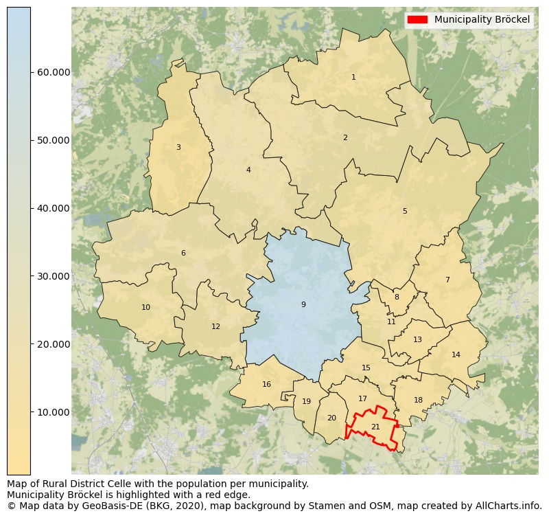 Map of Rural district Celle with the population per municipality.Municipality Bröckel is highlighted with a red edge.. This page shows a lot of information about residents (such as the distribution by age groups, family composition, gender, native or German with an immigration background, ...), homes (numbers, types, price development, use, type of property, ...) and more (car ownership, energy consumption, ...) based on open data from the German Federal Agency for Cartography, the Federal Statistical Office (DESTATIS), the Regional Statistical Offices and various other sources!