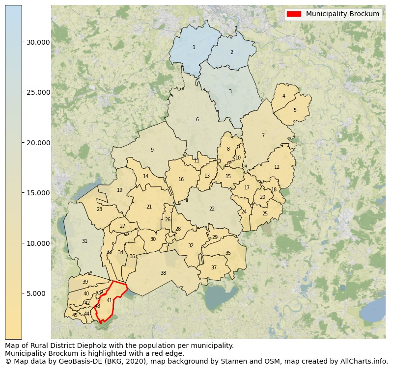 Map of Rural district Diepholz with the population per municipality.Municipality Brockum is highlighted with a red edge.. This page shows a lot of information about residents (such as the distribution by age groups, family composition, gender, native or German with an immigration background, ...), homes (numbers, types, price development, use, type of property, ...) and more (car ownership, energy consumption, ...) based on open data from the German Federal Agency for Cartography, the Federal Statistical Office (DESTATIS), the Regional Statistical Offices and various other sources!