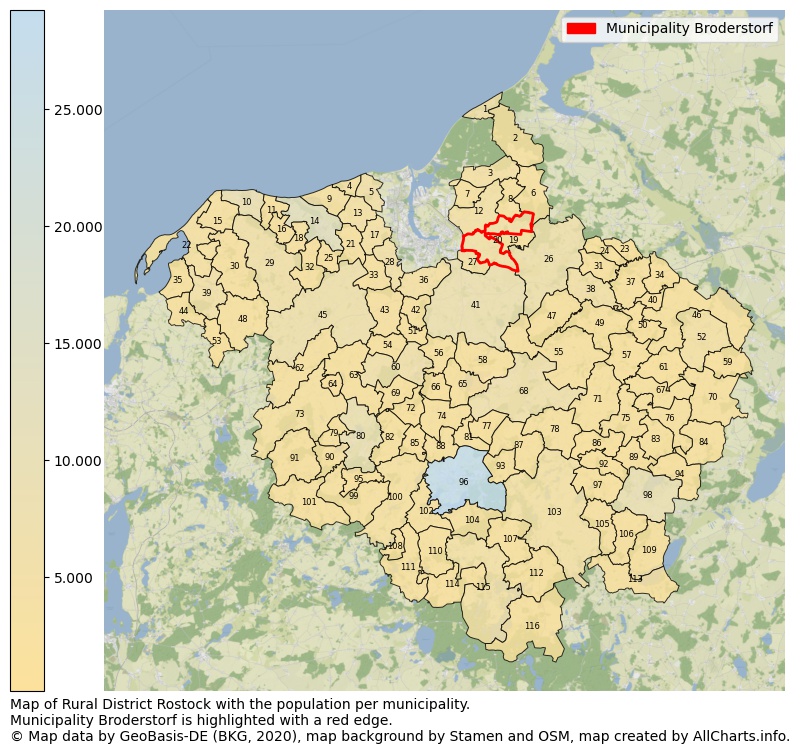 Map of Rural district Rostock with the population per municipality.Municipality Broderstorf is highlighted with a red edge.. This page shows a lot of information about residents (such as the distribution by age groups, family composition, gender, native or German with an immigration background, ...), homes (numbers, types, price development, use, type of property, ...) and more (car ownership, energy consumption, ...) based on open data from the German Federal Agency for Cartography, the Federal Statistical Office (DESTATIS), the Regional Statistical Offices and various other sources!
