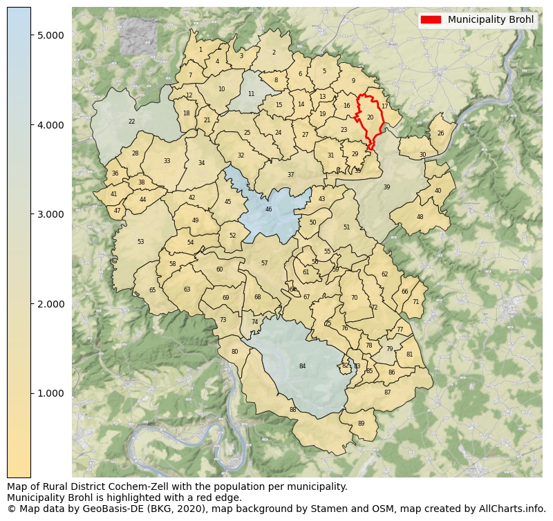 Map of Rural district Cochem-Zell with the population per municipality.Municipality Brohl is highlighted with a red edge.. This page shows a lot of information about residents (such as the distribution by age groups, family composition, gender, native or German with an immigration background, ...), homes (numbers, types, price development, use, type of property, ...) and more (car ownership, energy consumption, ...) based on open data from the German Federal Agency for Cartography, the Federal Statistical Office (DESTATIS), the Regional Statistical Offices and various other sources!