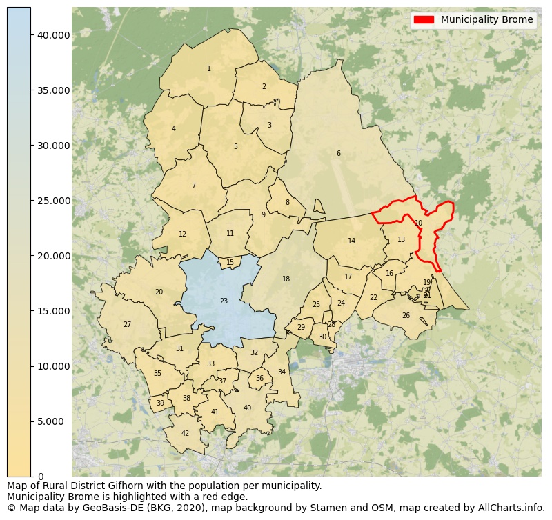 Map of Rural district Gifhorn with the population per municipality.Municipality Brome is highlighted with a red edge.. This page shows a lot of information about residents (such as the distribution by age groups, family composition, gender, native or German with an immigration background, ...), homes (numbers, types, price development, use, type of property, ...) and more (car ownership, energy consumption, ...) based on open data from the German Federal Agency for Cartography, the Federal Statistical Office (DESTATIS), the Regional Statistical Offices and various other sources!