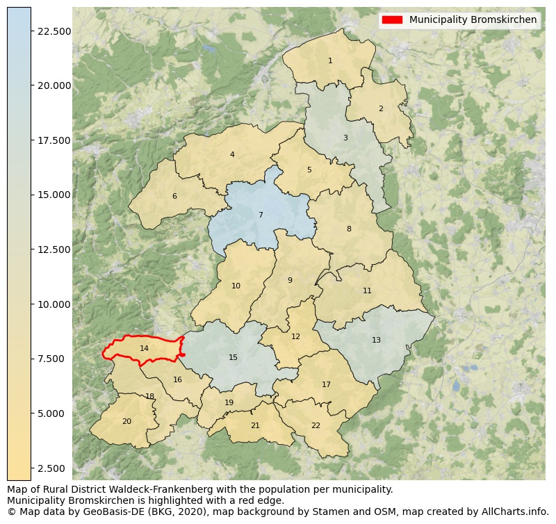 Map of Rural district Waldeck-Frankenberg with the population per municipality.Municipality Bromskirchen is highlighted with a red edge.. This page shows a lot of information about residents (such as the distribution by age groups, family composition, gender, native or German with an immigration background, ...), homes (numbers, types, price development, use, type of property, ...) and more (car ownership, energy consumption, ...) based on open data from the German Federal Agency for Cartography, the Federal Statistical Office (DESTATIS), the Regional Statistical Offices and various other sources!