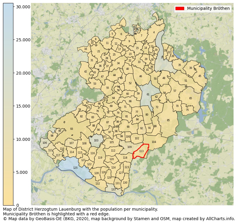 Map of District Herzogtum Lauenburg with the population per municipality.Municipality Bröthen is highlighted with a red edge.. This page shows a lot of information about residents (such as the distribution by age groups, family composition, gender, native or German with an immigration background, ...), homes (numbers, types, price development, use, type of property, ...) and more (car ownership, energy consumption, ...) based on open data from the German Federal Agency for Cartography, the Federal Statistical Office (DESTATIS), the Regional Statistical Offices and various other sources!