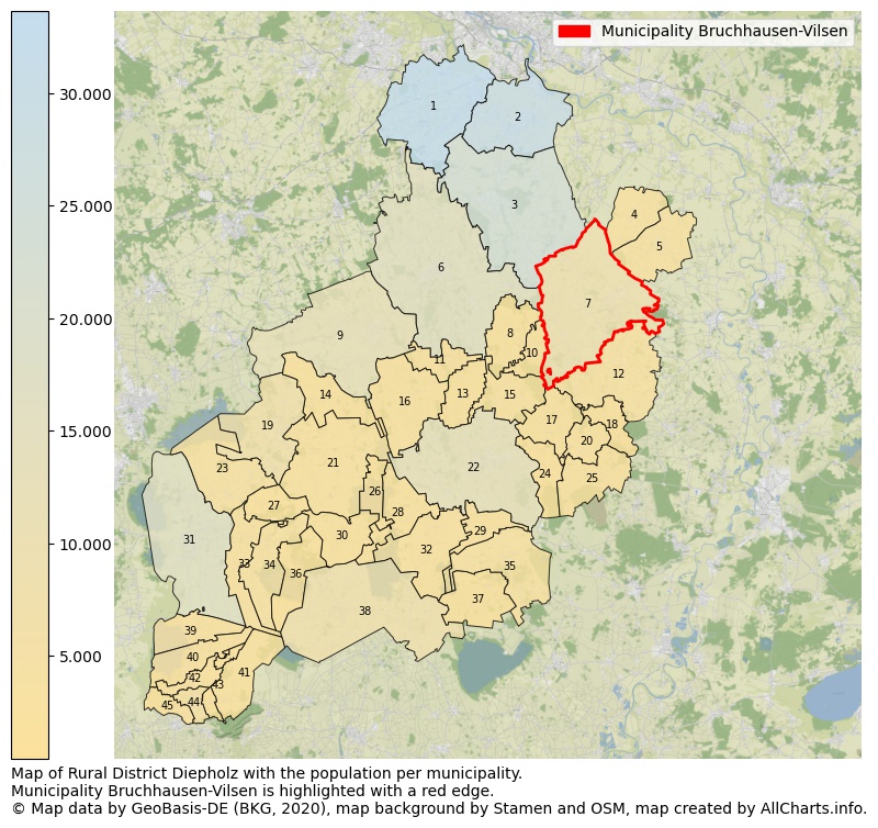 Map of Rural district Diepholz with the population per municipality.Municipality Bruchhausen-Vilsen is highlighted with a red edge.. This page shows a lot of information about residents (such as the distribution by age groups, family composition, gender, native or German with an immigration background, ...), homes (numbers, types, price development, use, type of property, ...) and more (car ownership, energy consumption, ...) based on open data from the German Federal Agency for Cartography, the Federal Statistical Office (DESTATIS), the Regional Statistical Offices and various other sources!