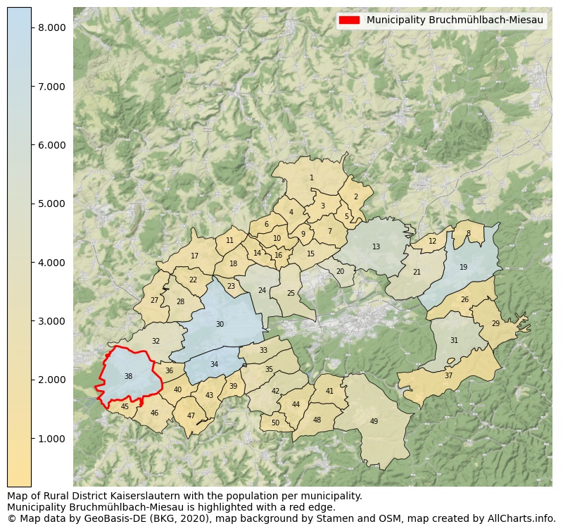 Map of Rural district Kaiserslautern with the population per municipality.Municipality Bruchmühlbach-Miesau is highlighted with a red edge.. This page shows a lot of information about residents (such as the distribution by age groups, family composition, gender, native or German with an immigration background, ...), homes (numbers, types, price development, use, type of property, ...) and more (car ownership, energy consumption, ...) based on open data from the German Federal Agency for Cartography, the Federal Statistical Office (DESTATIS), the Regional Statistical Offices and various other sources!