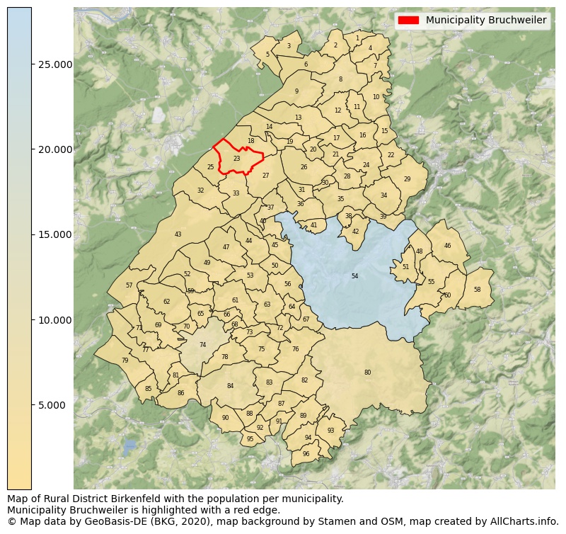 Map of Rural district Birkenfeld with the population per municipality.Municipality Bruchweiler is highlighted with a red edge.. This page shows a lot of information about residents (such as the distribution by age groups, family composition, gender, native or German with an immigration background, ...), homes (numbers, types, price development, use, type of property, ...) and more (car ownership, energy consumption, ...) based on open data from the German Federal Agency for Cartography, the Federal Statistical Office (DESTATIS), the Regional Statistical Offices and various other sources!