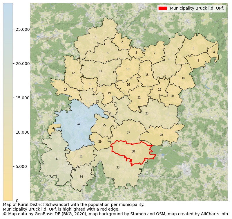 Map of Rural district Schwandorf with the population per municipality.Municipality Bruck i.d. OPf. is highlighted with a red edge.. This page shows a lot of information about residents (such as the distribution by age groups, family composition, gender, native or German with an immigration background, ...), homes (numbers, types, price development, use, type of property, ...) and more (car ownership, energy consumption, ...) based on open data from the German Federal Agency for Cartography, the Federal Statistical Office (DESTATIS), the Regional Statistical Offices and various other sources!