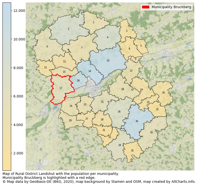 Map of Rural district Landshut with the population per municipality.Municipality Bruckberg is highlighted with a red edge.. This page shows a lot of information about residents (such as the distribution by age groups, family composition, gender, native or German with an immigration background, ...), homes (numbers, types, price development, use, type of property, ...) and more (car ownership, energy consumption, ...) based on open data from the German Federal Agency for Cartography, the Federal Statistical Office (DESTATIS), the Regional Statistical Offices and various other sources!