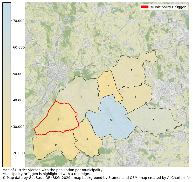 Map of District Viersen with the population per municipality.Municipality Brüggen is highlighted with a red edge.. This page shows a lot of information about residents (such as the distribution by age groups, family composition, gender, native or German with an immigration background, ...), homes (numbers, types, price development, use, type of property, ...) and more (car ownership, energy consumption, ...) based on open data from the German Federal Agency for Cartography, the Federal Statistical Office (DESTATIS), the Regional Statistical Offices and various other sources!
