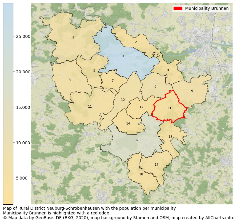 Map of Rural district Neuburg-Schrobenhausen with the population per municipality.Municipality Brunnen is highlighted with a red edge.. This page shows a lot of information about residents (such as the distribution by age groups, family composition, gender, native or German with an immigration background, ...), homes (numbers, types, price development, use, type of property, ...) and more (car ownership, energy consumption, ...) based on open data from the German Federal Agency for Cartography, the Federal Statistical Office (DESTATIS), the Regional Statistical Offices and various other sources!