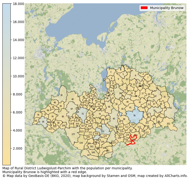 Map of Rural district Ludwigslust-Parchim with the population per municipality.Municipality Brunow is highlighted with a red edge.. This page shows a lot of information about residents (such as the distribution by age groups, family composition, gender, native or German with an immigration background, ...), homes (numbers, types, price development, use, type of property, ...) and more (car ownership, energy consumption, ...) based on open data from the German Federal Agency for Cartography, the Federal Statistical Office (DESTATIS), the Regional Statistical Offices and various other sources!
