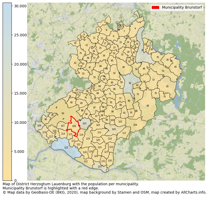 Map of District Herzogtum Lauenburg with the population per municipality.Municipality Brunstorf is highlighted with a red edge.. This page shows a lot of information about residents (such as the distribution by age groups, family composition, gender, native or German with an immigration background, ...), homes (numbers, types, price development, use, type of property, ...) and more (car ownership, energy consumption, ...) based on open data from the German Federal Agency for Cartography, the Federal Statistical Office (DESTATIS), the Regional Statistical Offices and various other sources!