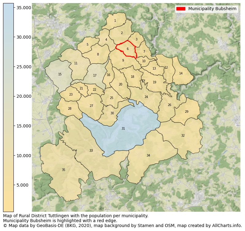 Map of Rural district Tuttlingen with the population per municipality.Municipality Bubsheim is highlighted with a red edge.. This page shows a lot of information about residents (such as the distribution by age groups, family composition, gender, native or German with an immigration background, ...), homes (numbers, types, price development, use, type of property, ...) and more (car ownership, energy consumption, ...) based on open data from the German Federal Agency for Cartography, the Federal Statistical Office (DESTATIS), the Regional Statistical Offices and various other sources!