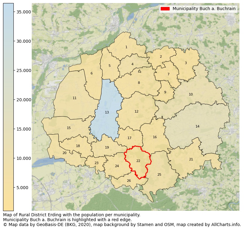 Map of Rural district Erding with the population per municipality.Municipality Buch a. Buchrain is highlighted with a red edge.. This page shows a lot of information about residents (such as the distribution by age groups, family composition, gender, native or German with an immigration background, ...), homes (numbers, types, price development, use, type of property, ...) and more (car ownership, energy consumption, ...) based on open data from the German Federal Agency for Cartography, the Federal Statistical Office (DESTATIS), the Regional Statistical Offices and various other sources!