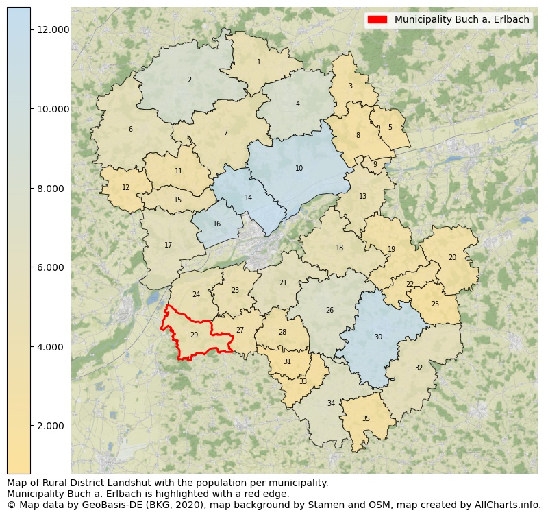 Map of Rural district Landshut with the population per municipality.Municipality Buch a. Erlbach is highlighted with a red edge.. This page shows a lot of information about residents (such as the distribution by age groups, family composition, gender, native or German with an immigration background, ...), homes (numbers, types, price development, use, type of property, ...) and more (car ownership, energy consumption, ...) based on open data from the German Federal Agency for Cartography, the Federal Statistical Office (DESTATIS), the Regional Statistical Offices and various other sources!