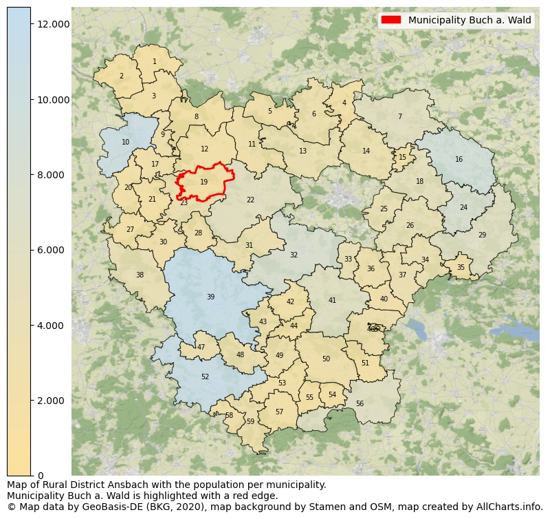 Map of Rural district Ansbach with the population per municipality.Municipality Buch a. Wald is highlighted with a red edge.. This page shows a lot of information about residents (such as the distribution by age groups, family composition, gender, native or German with an immigration background, ...), homes (numbers, types, price development, use, type of property, ...) and more (car ownership, energy consumption, ...) based on open data from the German Federal Agency for Cartography, the Federal Statistical Office (DESTATIS), the Regional Statistical Offices and various other sources!