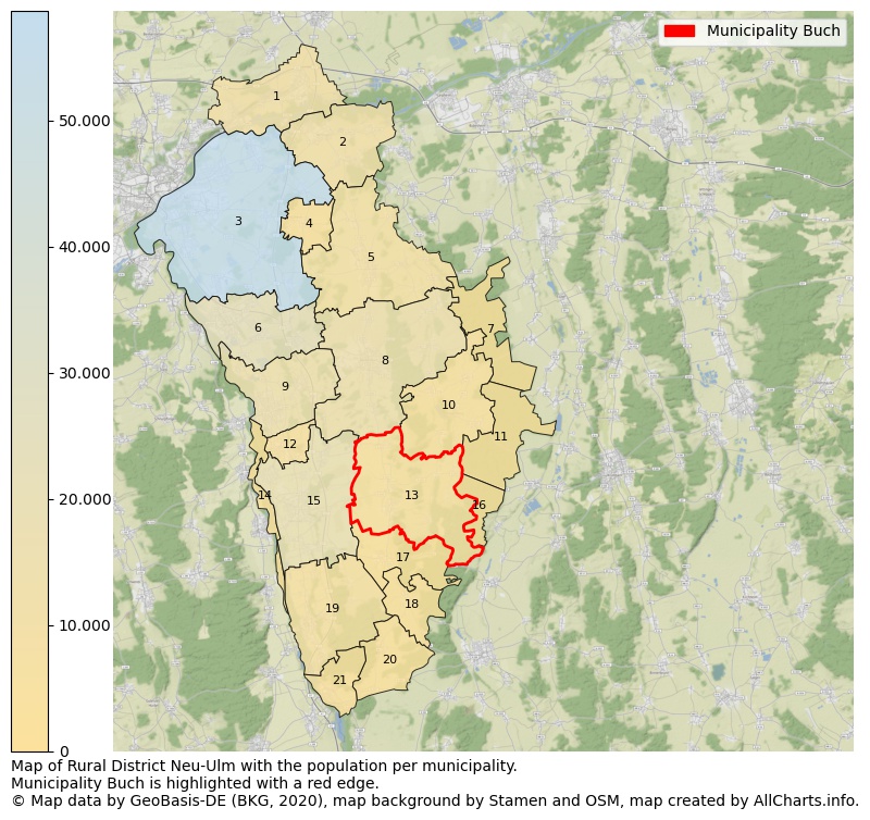 Map of Rural district Neu-Ulm with the population per municipality.Municipality Buch is highlighted with a red edge.. This page shows a lot of information about residents (such as the distribution by age groups, family composition, gender, native or German with an immigration background, ...), homes (numbers, types, price development, use, type of property, ...) and more (car ownership, energy consumption, ...) based on open data from the German Federal Agency for Cartography, the Federal Statistical Office (DESTATIS), the Regional Statistical Offices and various other sources!