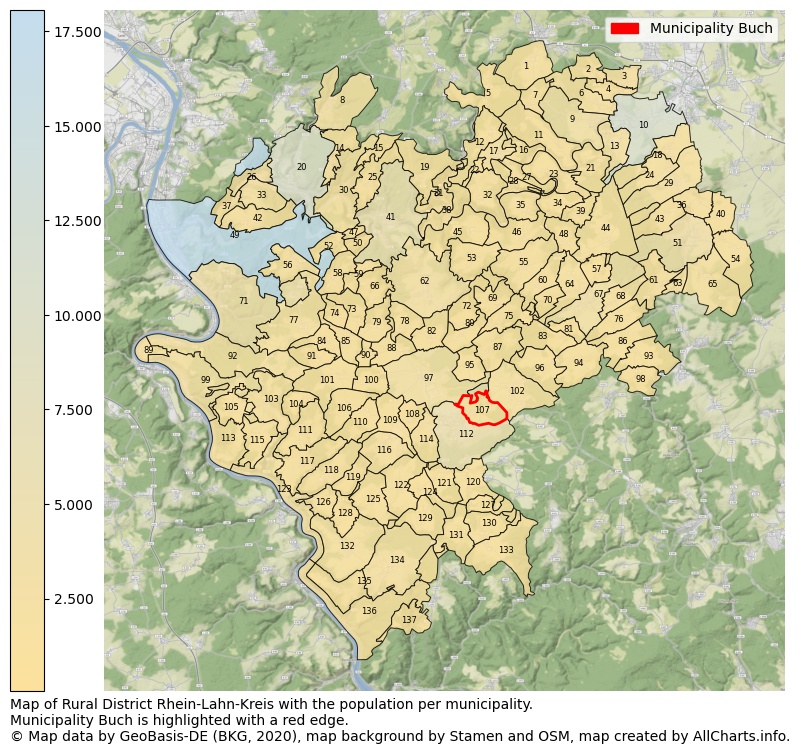 Map of Rural district Rhein-Lahn-Kreis with the population per municipality.Municipality Buch is highlighted with a red edge.. This page shows a lot of information about residents (such as the distribution by age groups, family composition, gender, native or German with an immigration background, ...), homes (numbers, types, price development, use, type of property, ...) and more (car ownership, energy consumption, ...) based on open data from the German Federal Agency for Cartography, the Federal Statistical Office (DESTATIS), the Regional Statistical Offices and various other sources!