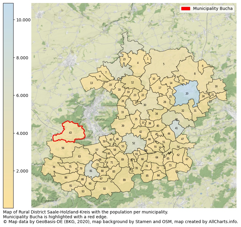 Map of Rural district Saale-Holzland-Kreis with the population per municipality.Municipality Bucha is highlighted with a red edge.. This page shows a lot of information about residents (such as the distribution by age groups, family composition, gender, native or German with an immigration background, ...), homes (numbers, types, price development, use, type of property, ...) and more (car ownership, energy consumption, ...) based on open data from the German Federal Agency for Cartography, the Federal Statistical Office (DESTATIS), the Regional Statistical Offices and various other sources!