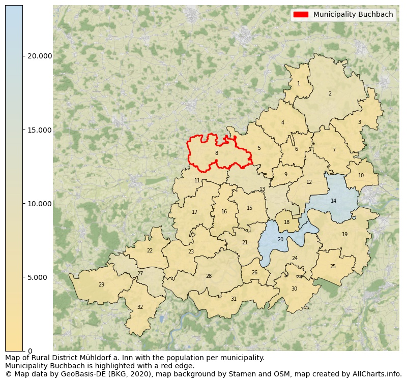 Map of Rural district Mühldorf a. Inn with the population per municipality.Municipality Buchbach is highlighted with a red edge.. This page shows a lot of information about residents (such as the distribution by age groups, family composition, gender, native or German with an immigration background, ...), homes (numbers, types, price development, use, type of property, ...) and more (car ownership, energy consumption, ...) based on open data from the German Federal Agency for Cartography, the Federal Statistical Office (DESTATIS), the Regional Statistical Offices and various other sources!