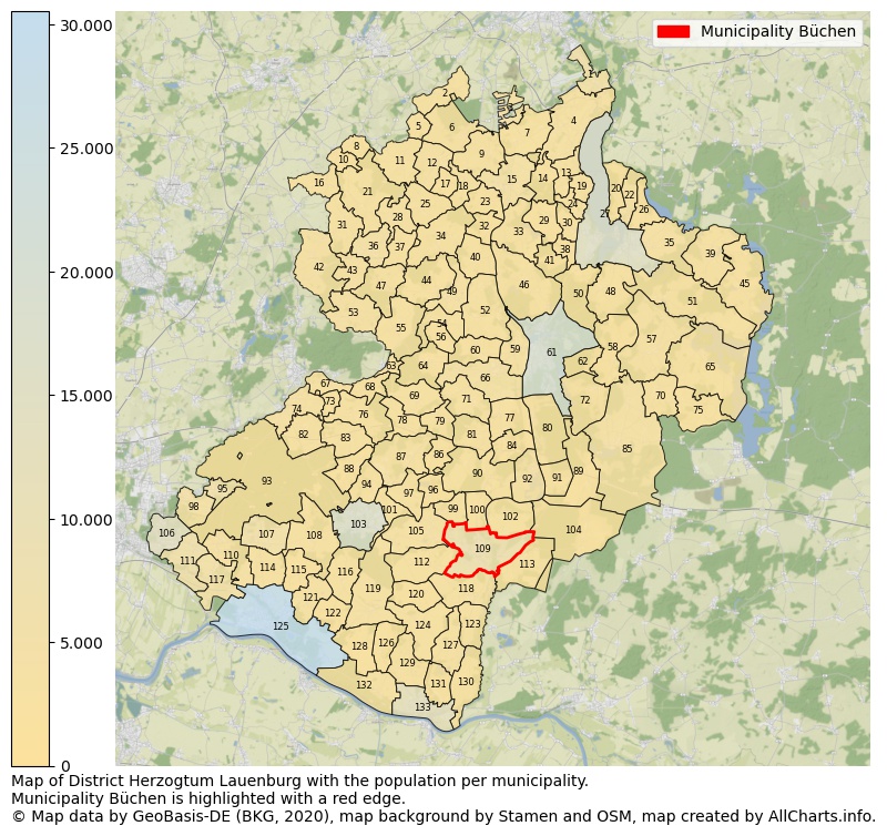 Map of District Herzogtum Lauenburg with the population per municipality.Municipality Büchen is highlighted with a red edge.. This page shows a lot of information about residents (such as the distribution by age groups, family composition, gender, native or German with an immigration background, ...), homes (numbers, types, price development, use, type of property, ...) and more (car ownership, energy consumption, ...) based on open data from the German Federal Agency for Cartography, the Federal Statistical Office (DESTATIS), the Regional Statistical Offices and various other sources!