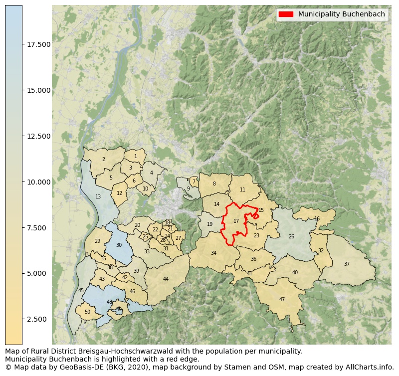 Map of Rural district Breisgau-Hochschwarzwald with the population per municipality.Municipality Buchenbach is highlighted with a red edge.. This page shows a lot of information about residents (such as the distribution by age groups, family composition, gender, native or German with an immigration background, ...), homes (numbers, types, price development, use, type of property, ...) and more (car ownership, energy consumption, ...) based on open data from the German Federal Agency for Cartography, the Federal Statistical Office (DESTATIS), the Regional Statistical Offices and various other sources!