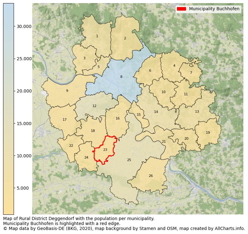 Map of Rural district Deggendorf with the population per municipality.Municipality Buchhofen is highlighted with a red edge.. This page shows a lot of information about residents (such as the distribution by age groups, family composition, gender, native or German with an immigration background, ...), homes (numbers, types, price development, use, type of property, ...) and more (car ownership, energy consumption, ...) based on open data from the German Federal Agency for Cartography, the Federal Statistical Office (DESTATIS), the Regional Statistical Offices and various other sources!