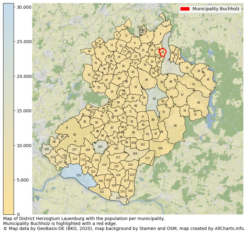 Map of District Herzogtum Lauenburg with the population per municipality.Municipality Buchholz is highlighted with a red edge.. This page shows a lot of information about residents (such as the distribution by age groups, family composition, gender, native or German with an immigration background, ...), homes (numbers, types, price development, use, type of property, ...) and more (car ownership, energy consumption, ...) based on open data from the German Federal Agency for Cartography, the Federal Statistical Office (DESTATIS), the Regional Statistical Offices and various other sources!