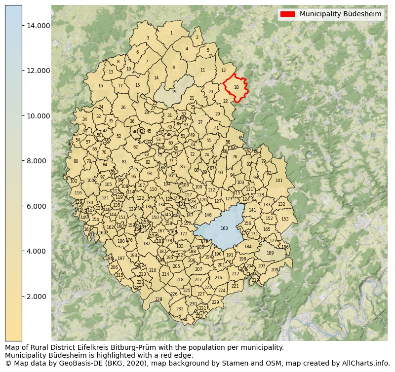 Map of Rural district Eifelkreis Bitburg-Prüm with the population per municipality.Municipality Büdesheim is highlighted with a red edge.. This page shows a lot of information about residents (such as the distribution by age groups, family composition, gender, native or German with an immigration background, ...), homes (numbers, types, price development, use, type of property, ...) and more (car ownership, energy consumption, ...) based on open data from the German Federal Agency for Cartography, the Federal Statistical Office (DESTATIS), the Regional Statistical Offices and various other sources!